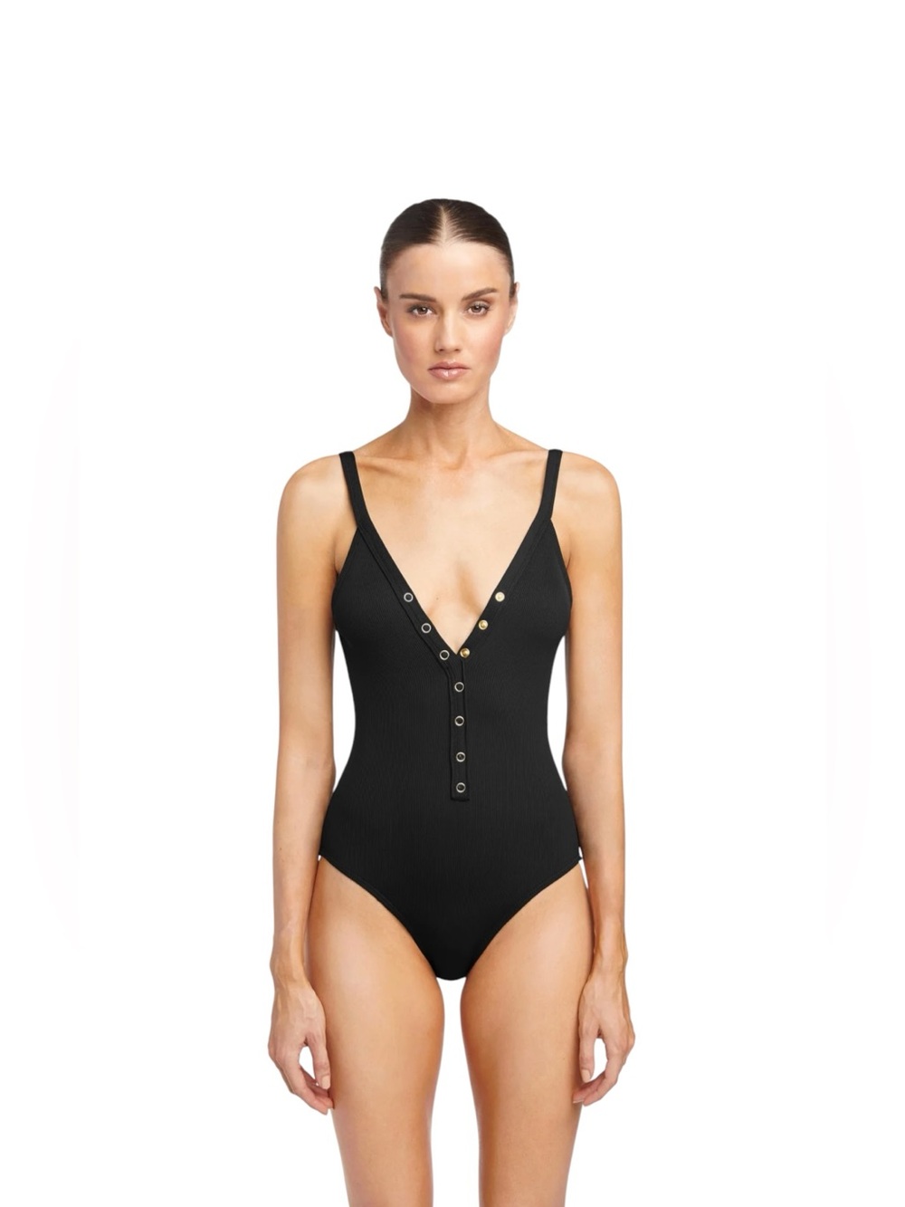 Robin Piccone Black Snap-Front One-Piece Swimsuit